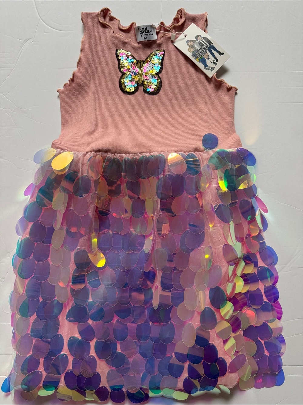 Lola and the Boys Pink Pailette with Butterfly Sequin Embroidery Dress Size 8/9